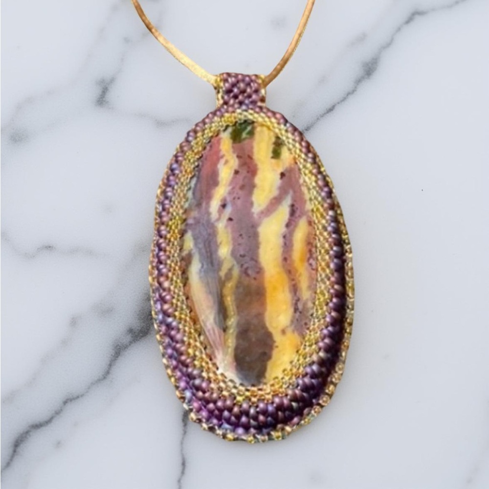 Striking Handmade Bead Embroidered Oval Jasper Statement Pendant